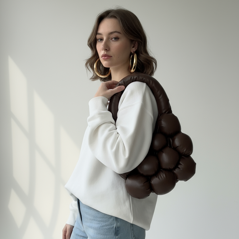 Woman wearing a white sweatshirt holding the Bulb Bag Original Choco handmade sculptural bag, brown vegan leather, photographed in natural light.