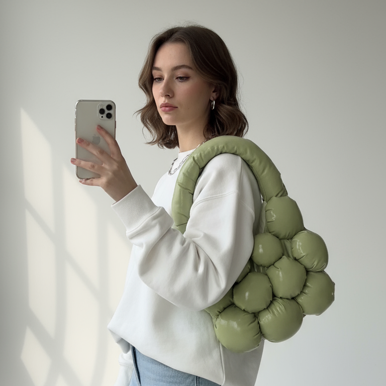 Person holding a unique green bag with spherical elements against a neutral background