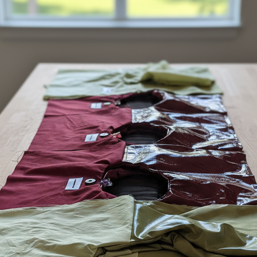 Circular pattern pieces and eco leather samples in red, lime, and nude tones used for The Bulb Bag design process in the Bucharest handmade studio.
