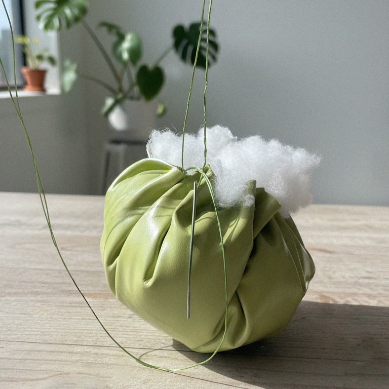 Green eco leather pouch being hand-stitched and filled with cotton padding during The Bulb Bag handmade crafting process in Bucharest studio.
