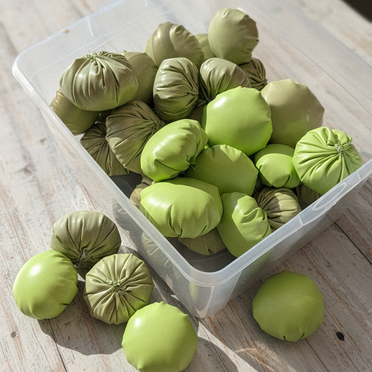 Soft green eco leather padding elements used in the handmade crafting process of The Bulb Bag in the Bucharest studio.
