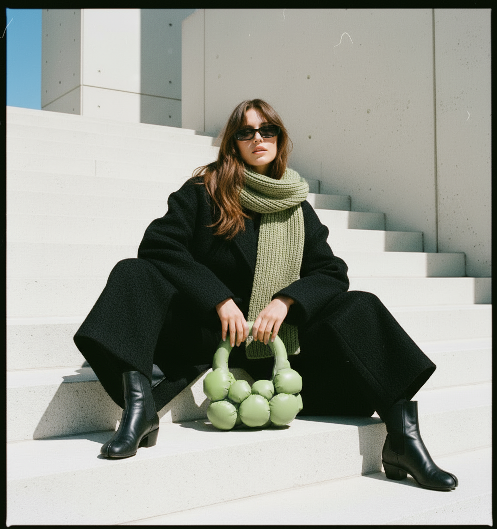 Model sitting on white stairs wearing a black coat and green scarf, holding The Bulb Bag Mini in matte matcha green eco leather, handmade in Bucharest.