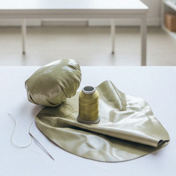Close-up of green eco leather, thread, and needle during the handmade process of creating The Bulb Bag in the Bucharest studio.
