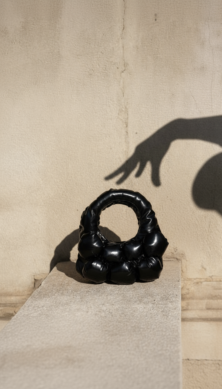The Bulb Bag Mini in glossy black eco leather photographed on concrete with a shadow of a hand, minimalist handmade designer bag from Bucharest.
