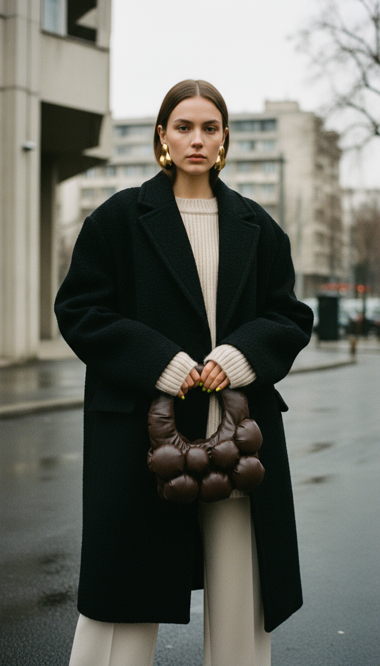 Model wearing a black coat and cream sweater holding The Bulb Bag Mini in glossy brown eco leather on a Bucharest street, handmade designer handbag photographed in natural light.
