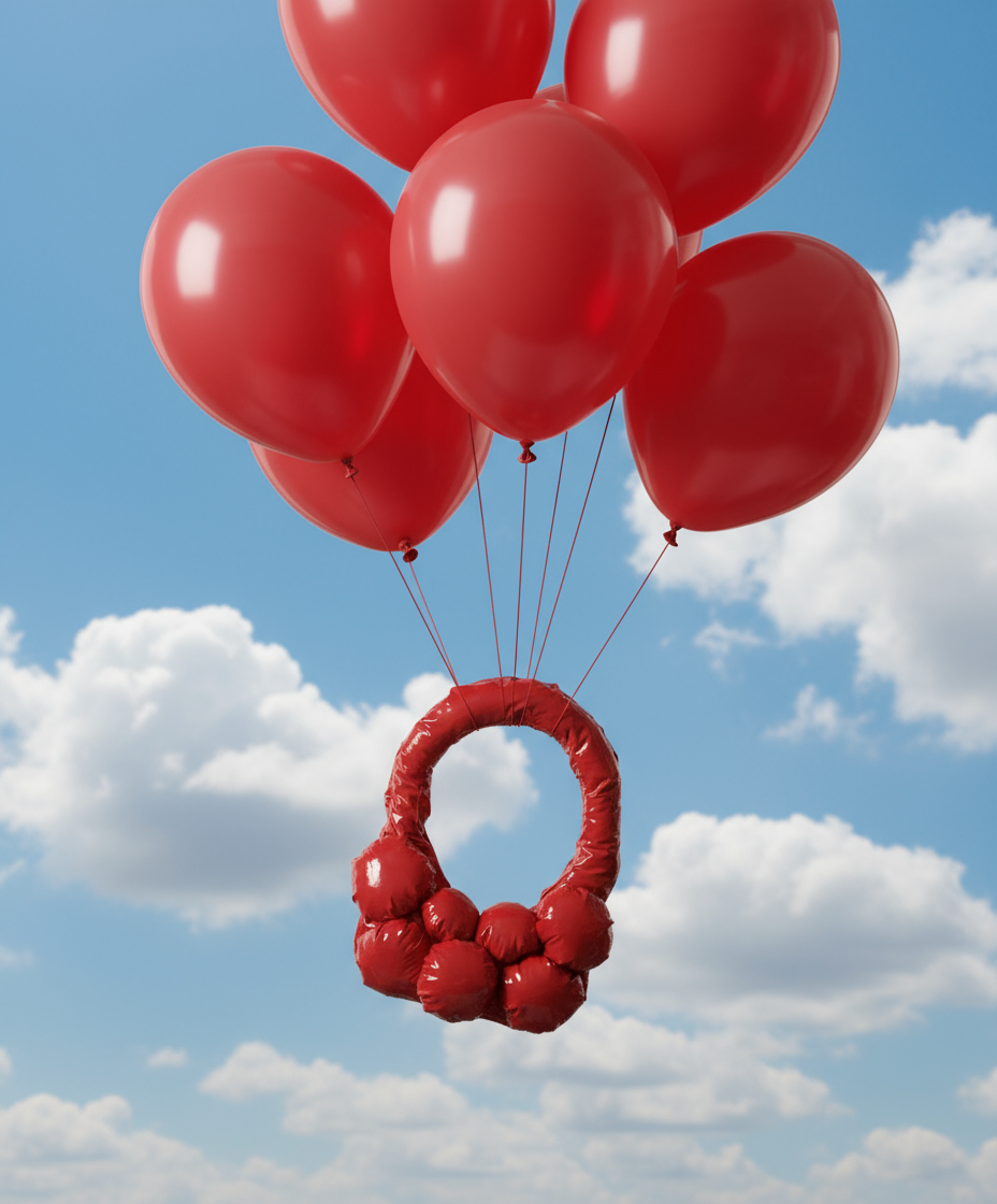 The Bulb Bag Mini in glossy red eco leather tied to red balloons floating in a blue sky with white clouds, symbolizing lightness and handmade design.
