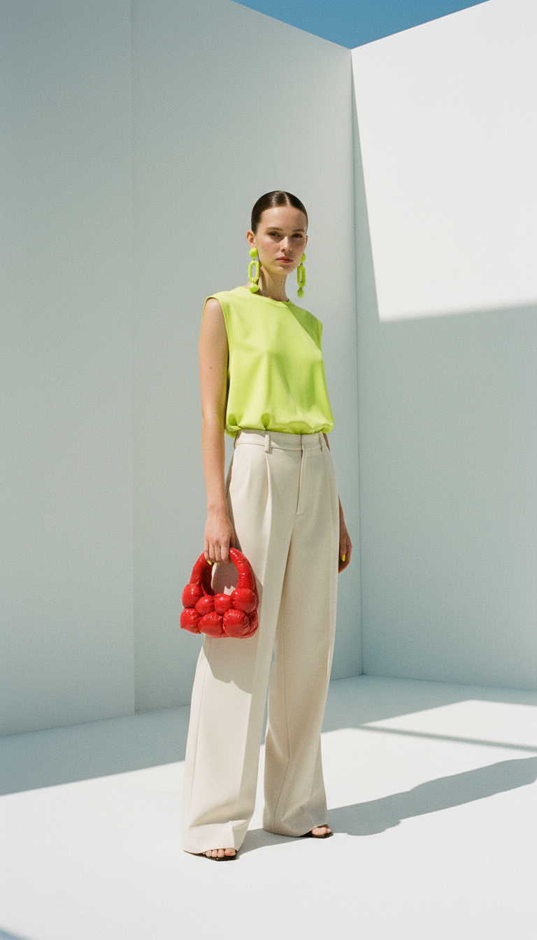 Model wearing a bright green sleeveless top and white pants, holding The Bulb Bag Mini in glossy red eco leather during an editorial photoshoot in Bucharest.
