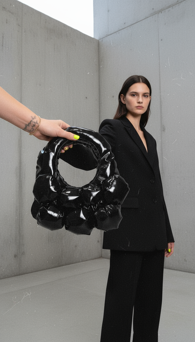 The Bulb Bag Original in glossy black eco leather held in front of a model dressed in black, minimalist handmade designer bag from Bucharest.
