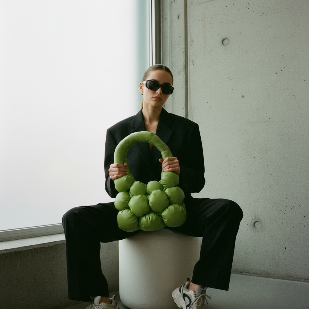 Model wearing a black oversized suit and sneakers holding The Bulb Bag Original in matte matcha green eco leather, handmade designer bag from Bucharest.
